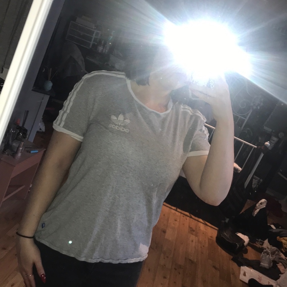 grey adidas three stripe tee